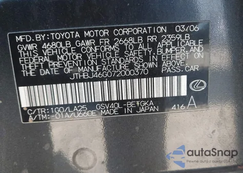 2007 Lexus Es 350 z USA, uszkodzony, nr VIN JTHBJ46G072000370